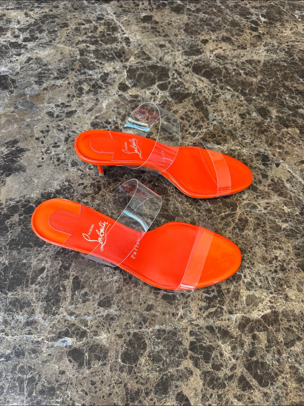 Christian Louboutin just nothing pvc orange magma 55mm stiletto sandal sz 38 - Picture 3 of 11